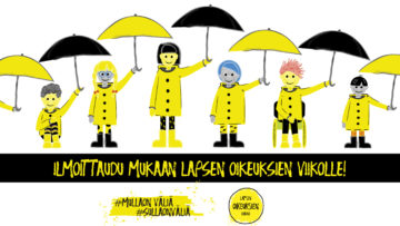 Ilmoittaudu mukaan lapsen oikeuksien viikolle -teksti kuvitettujen, sateenvarjoja pitävien, keltatakkisten lasten alla.