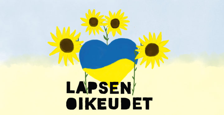 Ukrainan lipun värinen sydän, jonka ympärillä on auringonkukkia ja lapsen oikeuksien logo.