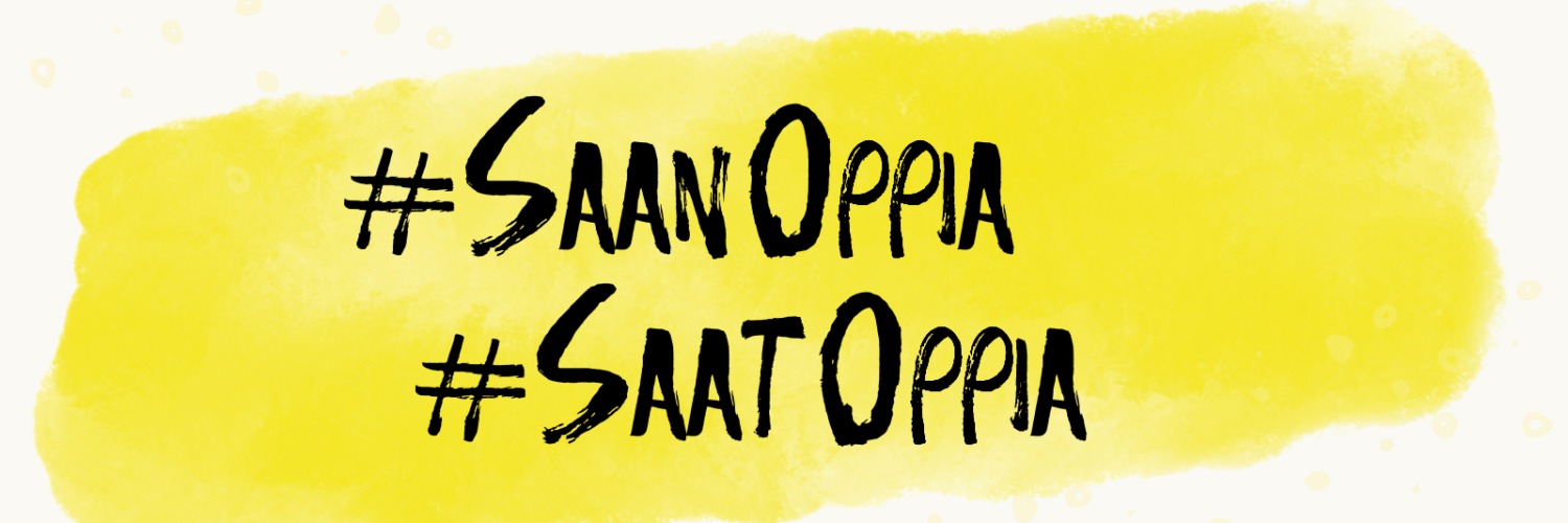 Keltainen soikea muoto, jossa teksti #SaanOppia #SaatOppia ja lapsen oikeuksien logo.