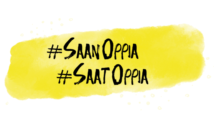 Keltainen soikea muoto, jossa teksti #SaanOppia #SaatOppia.
