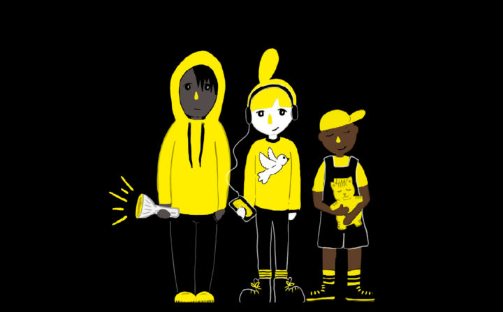 Kolme kuvitettua lasta musta-keltaisissa vaatteissa. Yhdellä on kädessään taskulamppu, toisella rauhankyyhkypaita ja kolmannella pehmolelu sylissään.